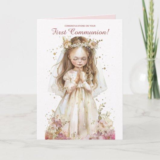 Bewerkbare kleine meisje bidden eerste communie kaart (Voorkant)