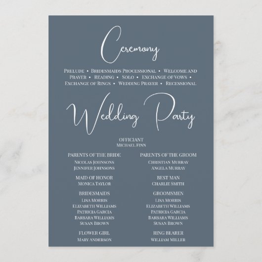 Bewerkbare kleur Dusty Blue Wedding Timeline Programma (Achterkant)
