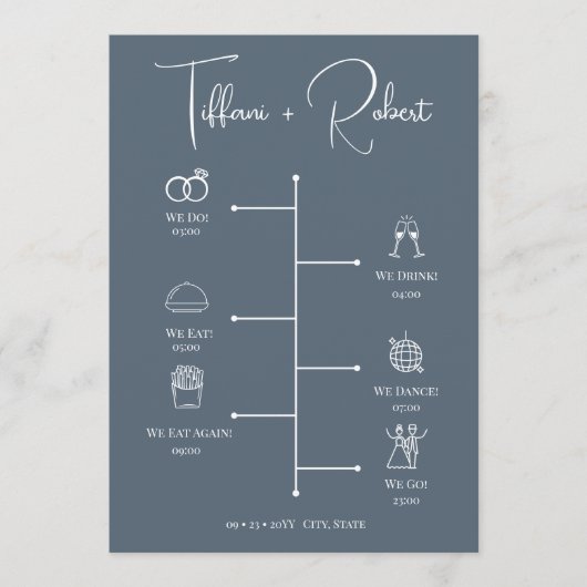 Bewerkbare kleur Dusty Blue Wedding Timeline Programma (Voorkant)