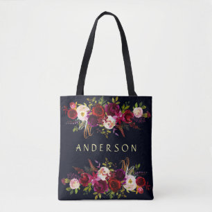 BEWERKBARE KLEUR Navy Bourgondië rustieke Boho Flo Tote Bag