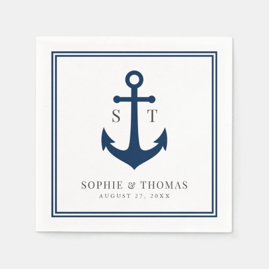 Bewerkbare Kleur Rand Monogram Anker Bruiloft Servet (Voorkant)