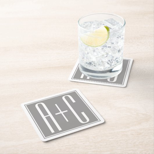 Bewerkbare Koppels Initialen | Wit & Grijs Vierkante Kartonnen Onderzetter (Insitu)