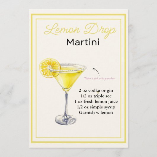 Bewerkbare Lemon Drop Martini Recept Kaart (Voorkant)