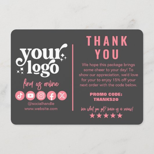 Bewerkbare Logo Retro Roze Grijs Bedankt Pakket Informatiekaartje (Achterkant)