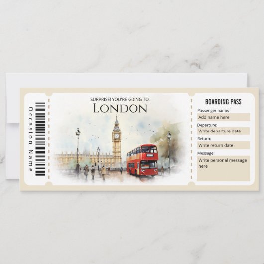 Bewerkbare London Plane Boarding Pass Ticket Kaart (Voorkant)
