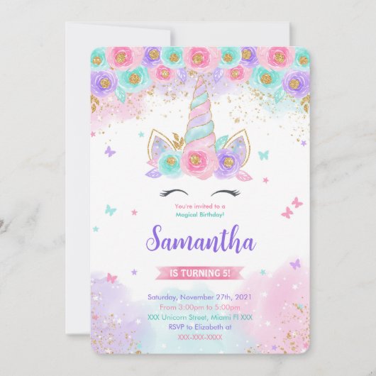Bewerkbare Magische Eenhoorn Verjaardagsuitnodigin Kaart (Voorkant)