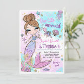 Bewerkbare Mermaid Verjaardag Uitnodiging, Roze Ze Kaart (Staand voorkant)