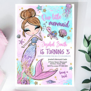 Bewerkbare Mermaid Verjaardag Uitnodiging, Roze Ze Kaart