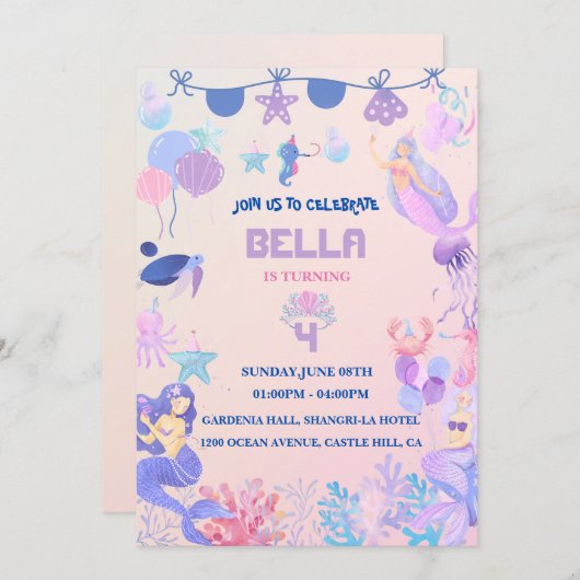 Bewerkbare Mermaid verjaardagsuitnodiging Kaart (Voorkant / Achterkant)