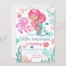 Bewerkbare Mermaid verjaardagsuitnodiging, Zee uit