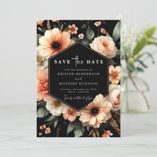 Bewerkbare moderne perzik bruiloft save the date (Staand voorkant)