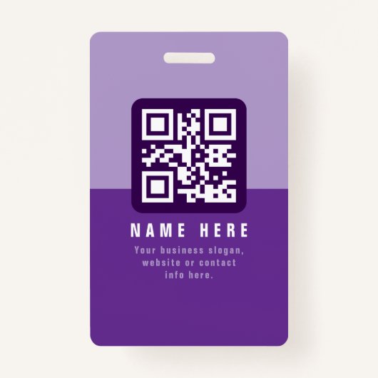 Bewerkbare moderne QR-code Sjabloon | Paars Badge (Voorkant)