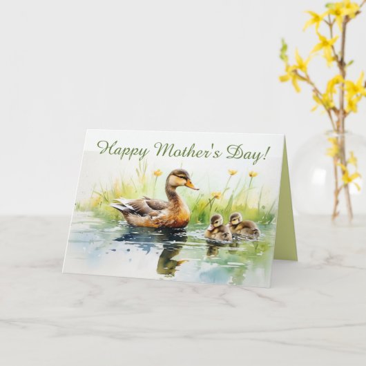 Bewerkbare Moeder Eend en Kuikentjes Moedersdag Kaart (Gele Bloem)