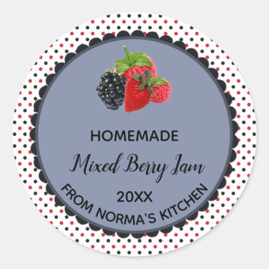 Bewerkbare Multicolour Polka Dot Mixed Berry Jam Ronde Sticker (Voorkant)