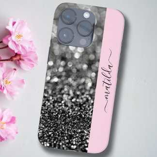 BEWERKBARE naam Glitter Bokeh grafiet & baby pink iPhone 16 Pro Hoesje