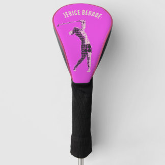 Bewerkbare naam Vrouw Golfer op Roze Golfheadcover