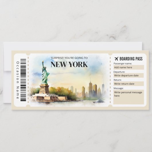Bewerkbare New York Boarding Pass Vliegticket Kaart (Voorkant)
