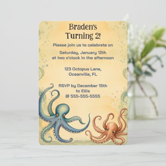 Bewerkbare Octopus Uitnodiging (Staand voorkant)