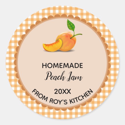 Bewerkbare Oranje Gingham Peach Jam Label Stickers (Voorkant)