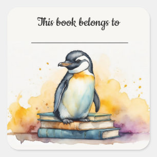 Bewerkbare pinguïn en boeken Bookplate Sticker