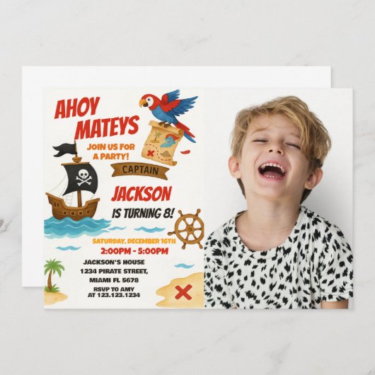 Bewerkbare Pirate verjaardagsuitnodiging Kaart (Voorkant / Achterkant)