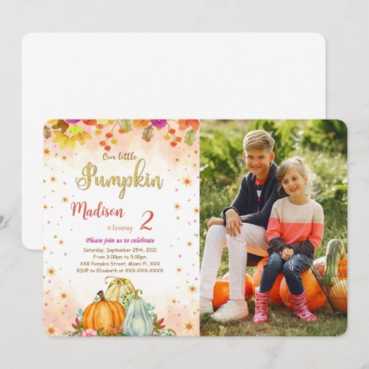 Bewerkbare Pumpkin Birthday Photo uitnodiging (Voorkant / Achterkant)