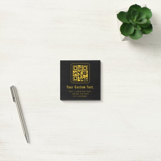 Bewerkbare QR-code en tekstsjabloon | Zwart en gou Post-it® Notes (Kantoor)