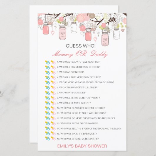 Bewerkbare raad wie, Baby shower van mama of papa (Voorkant / Achterkant)