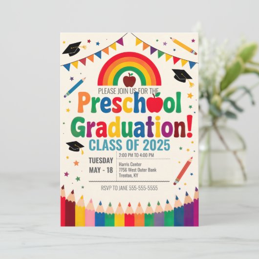 Bewerkbare Rainbow Bunting Flag Preschool Afstuder Kaart (Staand voorkant)