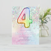 Bewerkbare Rainbow Glitter 4th Birthday Invitation Kaart (Staand voorkant)