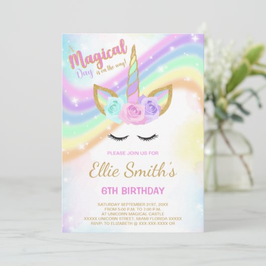 Bewerkbare Rainbow Unicorn verjaardagsuitnodiging Kaart (Staand voorkant)