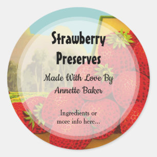 Bewerkbare Retro Aardbei bewaart voedsel Ronde Sticker