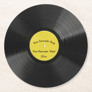 Bewerkbare retro-vinylplaat met geel midden ronde kartonnen onderzetter