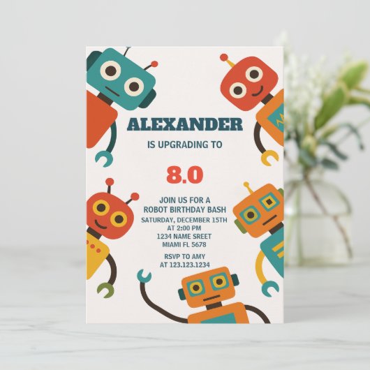 Bewerkbare Robot Verjaardag Uitnodiging voor Kinde (Staand voorkant)