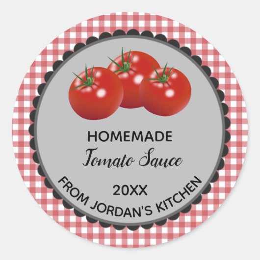 Bewerkbare rode Gingham Tomatensaus Label Stickers (Voorkant)