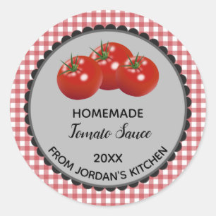 Bewerkbare rode Gingham Tomatensaus Label Stickers