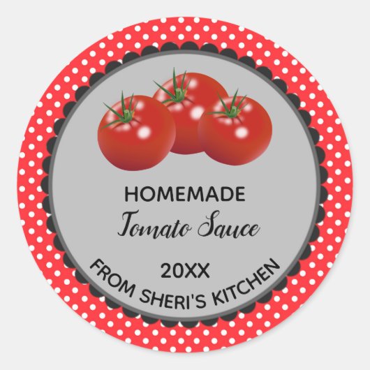Bewerkbare Rode Polka Dot Tomatensaus Label Sticke (Voorkant)