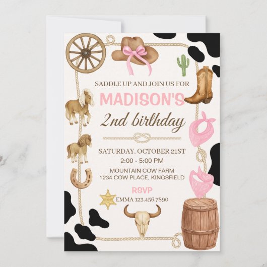 Bewerkbare Rodeo Cowgirl verjaardagsuitnodiging Kaart (Voorkant)