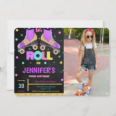 Bewerkbare Roller Skating Verjaardagsfoto Uitnodig Kaart (Voorkant)