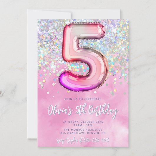 Bewerkbare Roze 5e Verjaardag Uitnodiging Sjabloon (Voorkant)