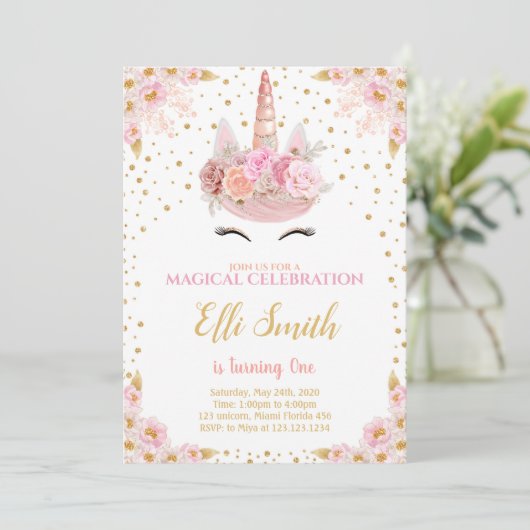 Bewerkbare Roze Eenhoorn Verjaardag Kaart (Staand voorkant)