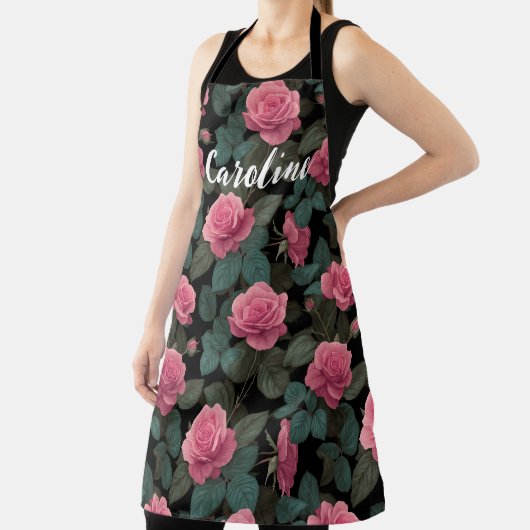 Bewerkbare Roze Rozen op Zwarte Bloemmotief Aanpas Schort (Insitu)