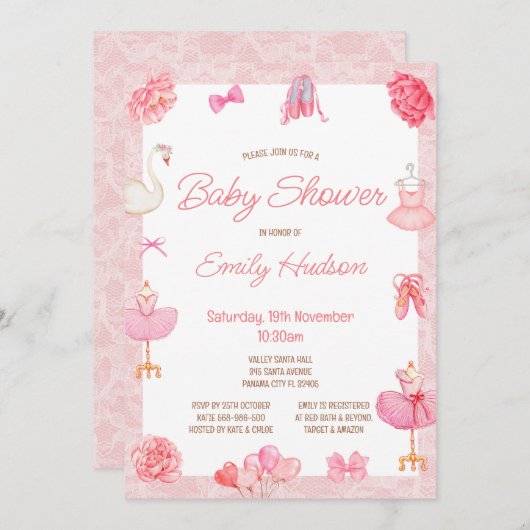 Bewerkbare roze Tutu Ballerina uitnodiging (Voorkant / Achterkant)