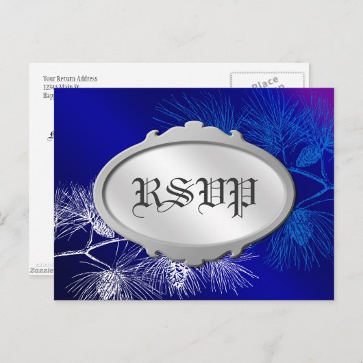 Bewerkbare RSVP Holiday Blue White Pine Briefkaart (Voorkant / Achterkant)