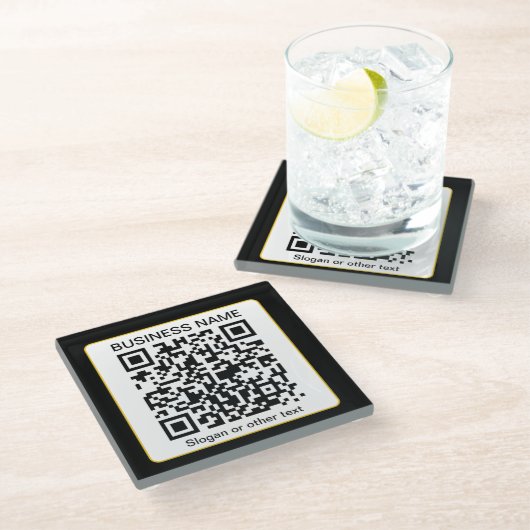 Bewerkbare, scanbare QR-code + uw bedrijfsnaam Glazen Onderzetter (Schuin)