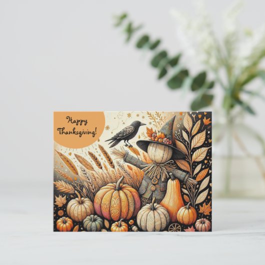 Bewerkbare Scarecrow Crow en Pumpkins Thanksgiving Briefkaart (Staand voorkant)