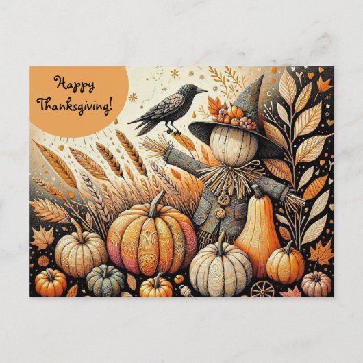 Bewerkbare Scarecrow Crow en Pumpkins Thanksgiving Briefkaart (Voorkant)