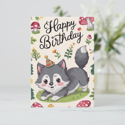 Bewerkbare Simple Wolf digitale verjaardag Kaart (Staand voorkant)