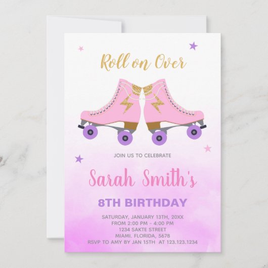 Bewerkbare Sparkly Roller Schaats Party Uitnodigen Kaart (Voorkant)
