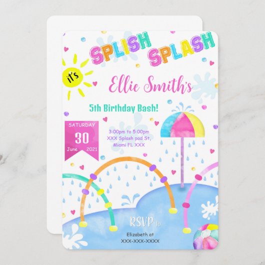 Bewerkbare Splash Pad Uitnodiging voor verjaardag (Voorkant / Achterkant)